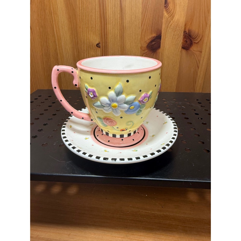 ME Ink 1999 Michel & Co Floral Oversized Teacup and Saucer Set Yellow Pink 3D